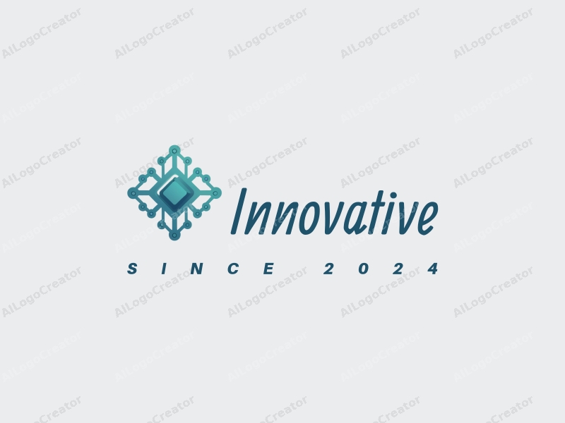 a modern minimalist design featuring a stylized chip and network lines, representing innovation and the future, combined with a clean blue and green color palette.