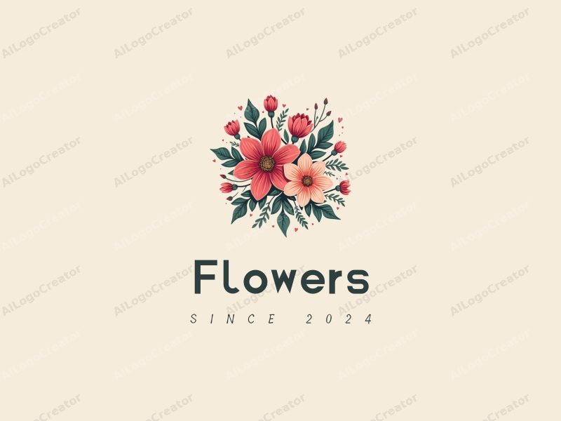 playful design features vibrant flowers with intricate petals, lush leaves, and budding flowers, combined with a clean background.