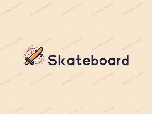 ein freundliches Design, das ein lebhaftes Skateboard-Silhouettenbild mit dynamischen Sternelementen und einer sauberen Hintergrund für einen spaßigen und energetischen Eindruck kombiniert.