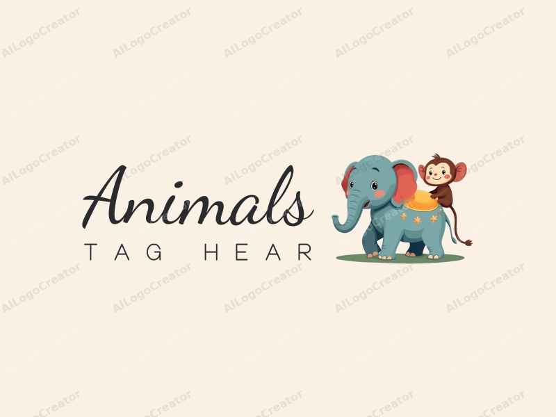 playful design features a colorful elephant and monkey, with a whimsical and fun approach combined with a clean background.