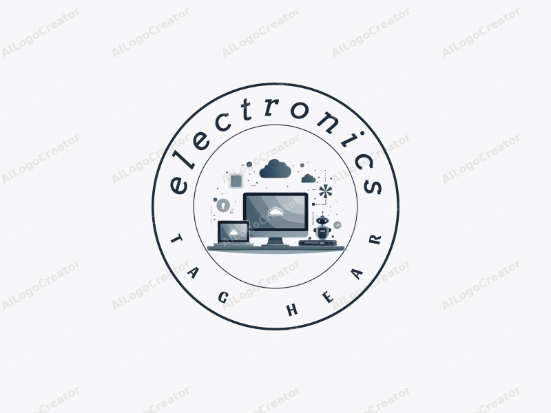 a modern design featuring sleek electronic devices, a stylized computer, a minimalist robot silhouette, and cloud computing elements combined with a clean silver background.