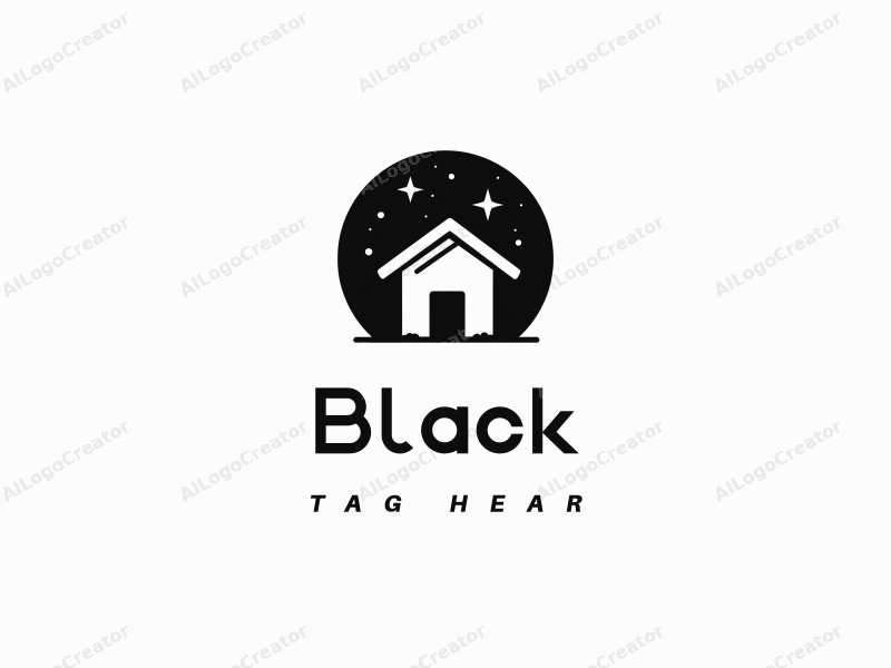 minimalist design features a small house silhouette under a starry night sky, with a clean black background and simple lines.