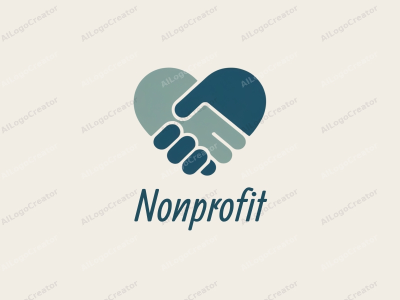 modern design features a stylized heart and handshake symbolizing charity and volunteerism, combined with a clean background in blue and green tones.