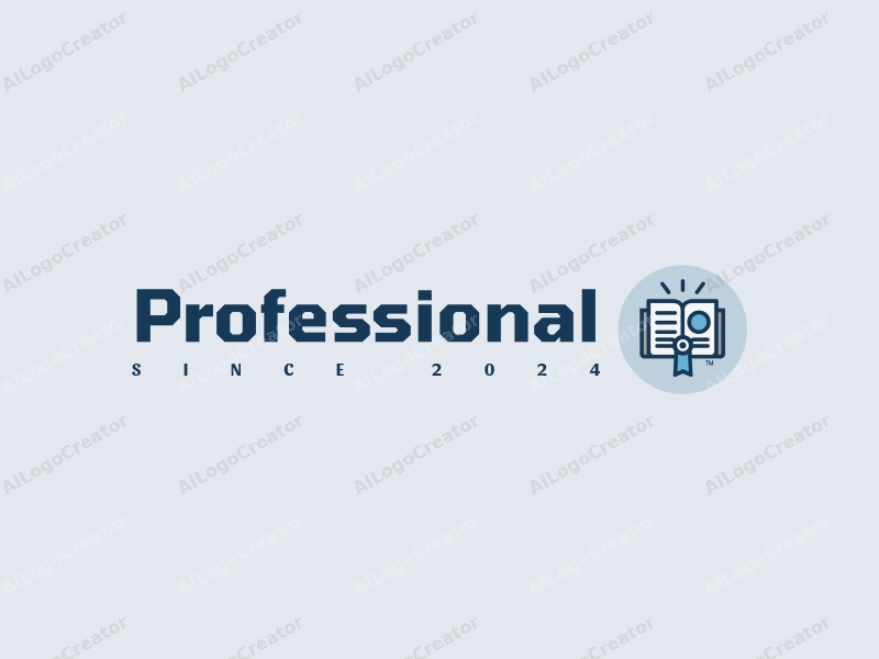 modern design features a stylized book and badge, representing professionalism and certification, combined with a clean background in blue and gray tones.