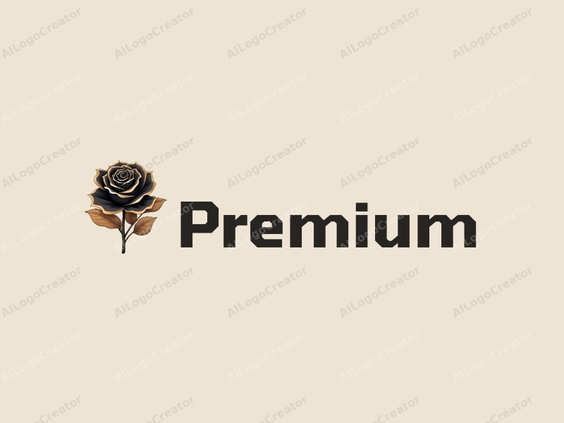 a modern design featuring a golden rose intertwined with a black gemstone, emphasizing luxury and high quality, set against a clean background.