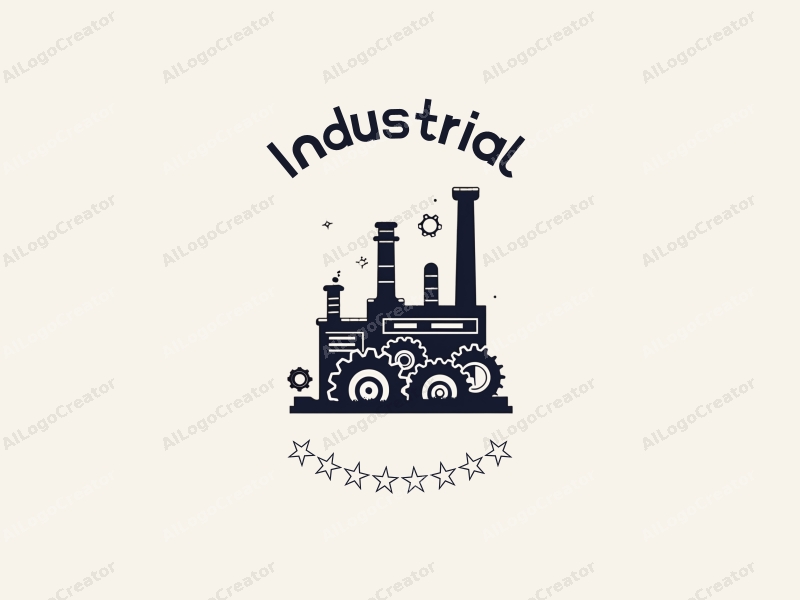 modern design features a stylized factory silhouette, robotic elements, and interlocking gears, combined with a clean background.