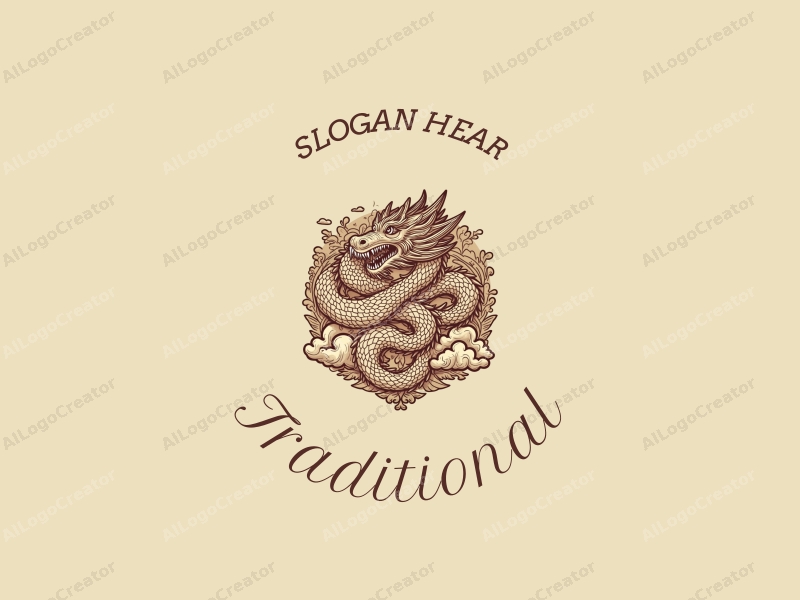 vintage design features intricate dragon patterns intertwined with soft clouds, utilizing a warm brown and beige color palette, combined with a clean background.