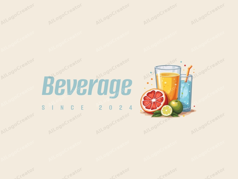 a modern design featuring vibrant juice and sparkling water elements, incorporating a playful and colorful approach combined with a clean background.