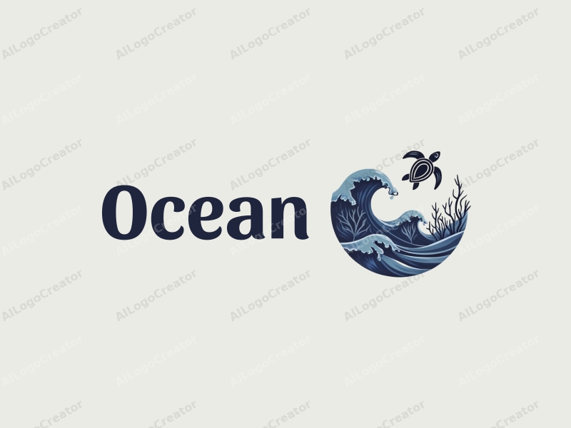 modern design features stylized waves, marine life including coral and a sea turtle, combined with a clean background.