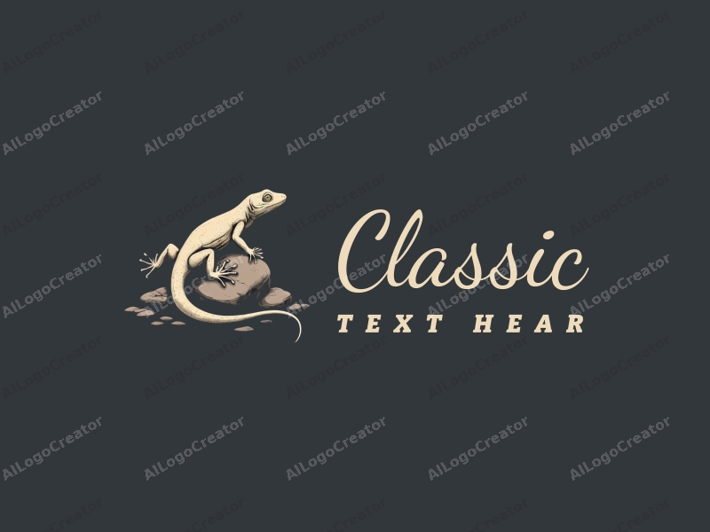 vintage design features a stylized gecko intertwined with rocks, showcasing classic and traditional elements combined with a clean, dark background.