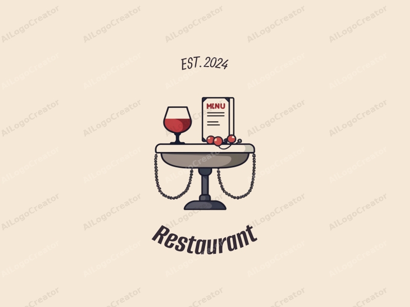 modern design features a stylized dining table and menu, combined with elegant pearls and a glass of red wine, all set against a clean background.