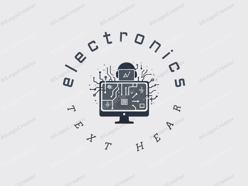 modern design features sleek electronic devices, a stylized computer silhouette, integrated circuit patterns, and a robotic element combined with a clean silver background.