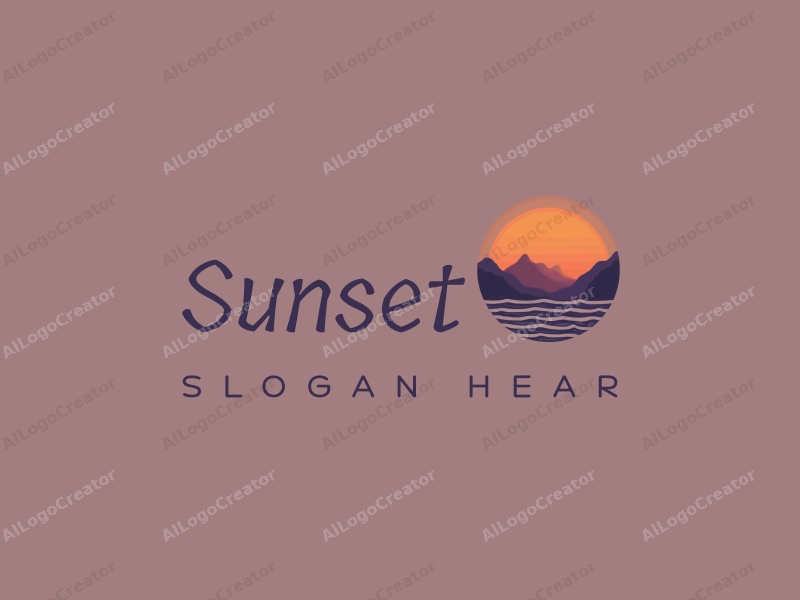 vintage design features a stylized sunset over mountains, with gentle waves in the foreground, using a harmonious blend of orange and purple colors against a clean background.