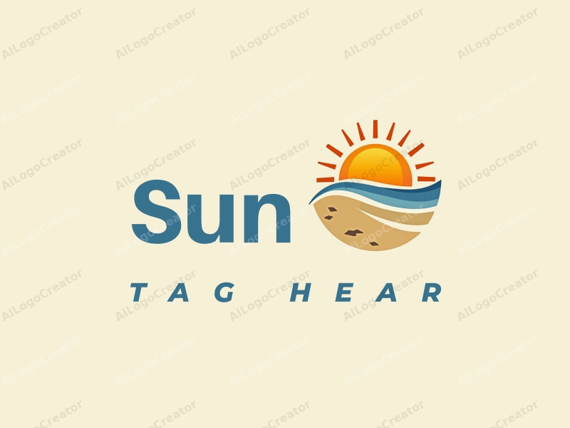 natural design features a stylized sun with rays, gentle waves, and a sandy beach, combined with a clean background.