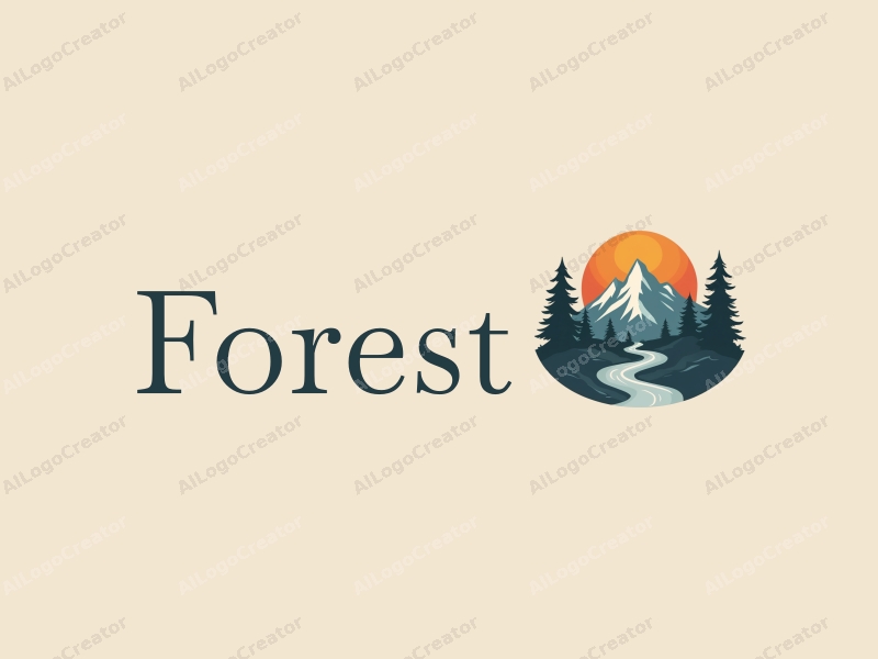 vintage design features stylized trees and mountains, flowing streams, combined with a harmonious and clean background.