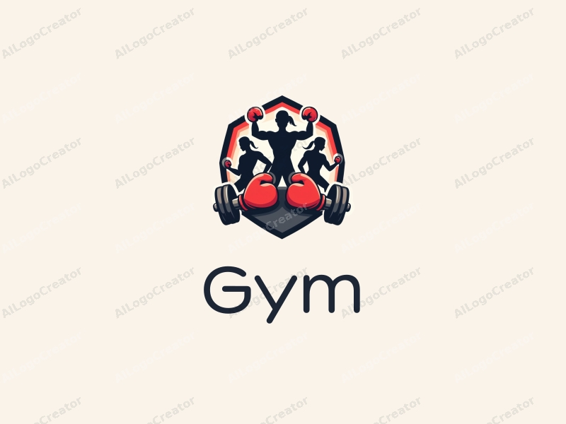 a modern design featuring fitness equipment like dumbbells and boxing gloves, combined with active individuals in a clean and simple layout, emphasizing a dynamic and energetic atmosphere.