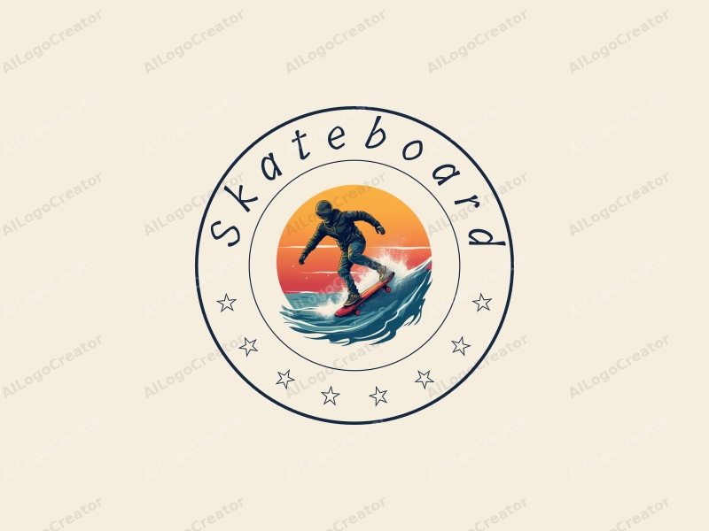 playful design features a vibrant skateboard, a dynamic skateboarder in action, and elements of surfing, combined with a clean background.