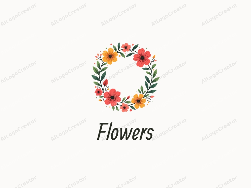 playful design features vibrant flowers and petals arranged in a circular wreath, complemented by playful leaves, all set against a clean background.