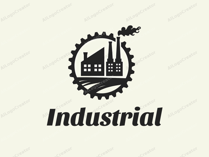 modern design features a stylized factory silhouette, interlocking gears, and welding elements combined with a clean background.