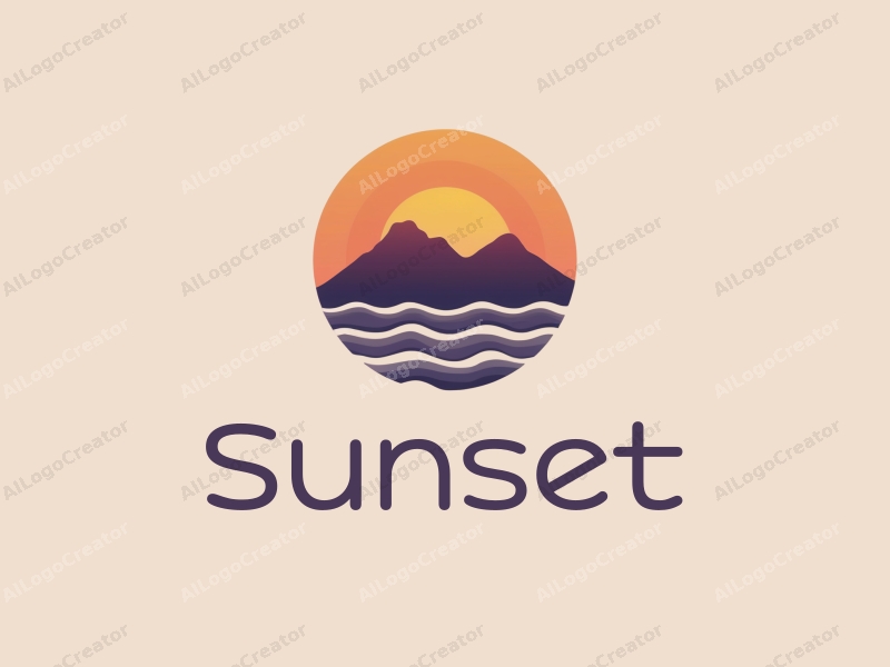 vintage design features a stylized sunset over mountains, with gentle waves in the foreground, using a harmonious blend of orange and purple colors against a clean background.