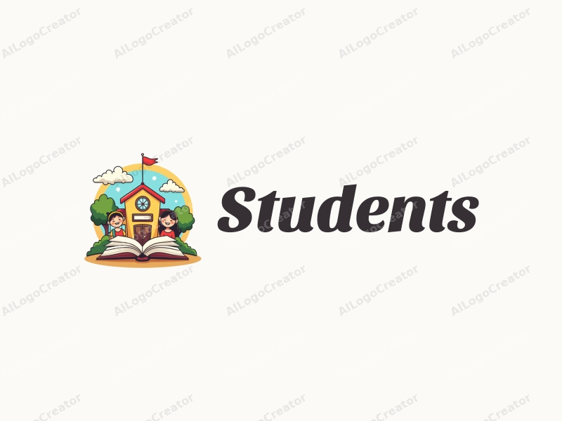 playful design features cheerful students, a stylized school building, open books, and pencils arranged harmoniously with a vibrant background.