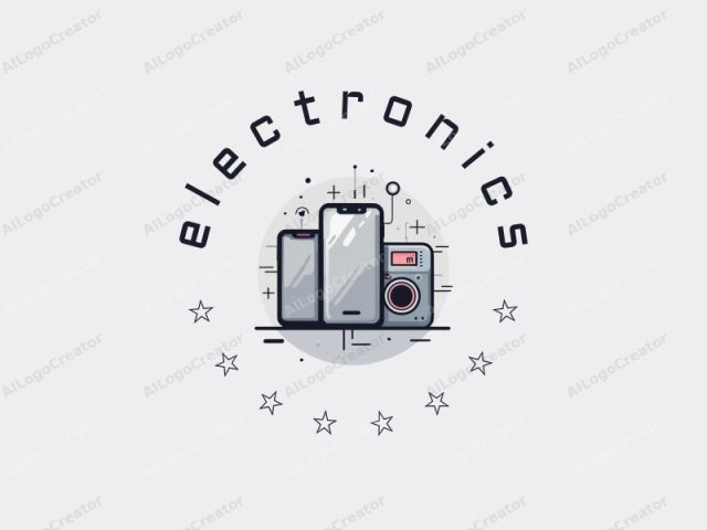 現代設計特點是流線型的電子設備、風格化的智能手機剪影，以及結合了銀色背景的電路板圖案。