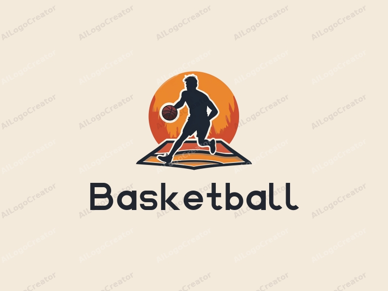 playful design features a stylized basketball, an athlete in motion, and a basketball court background combined with a clean and simple layout.