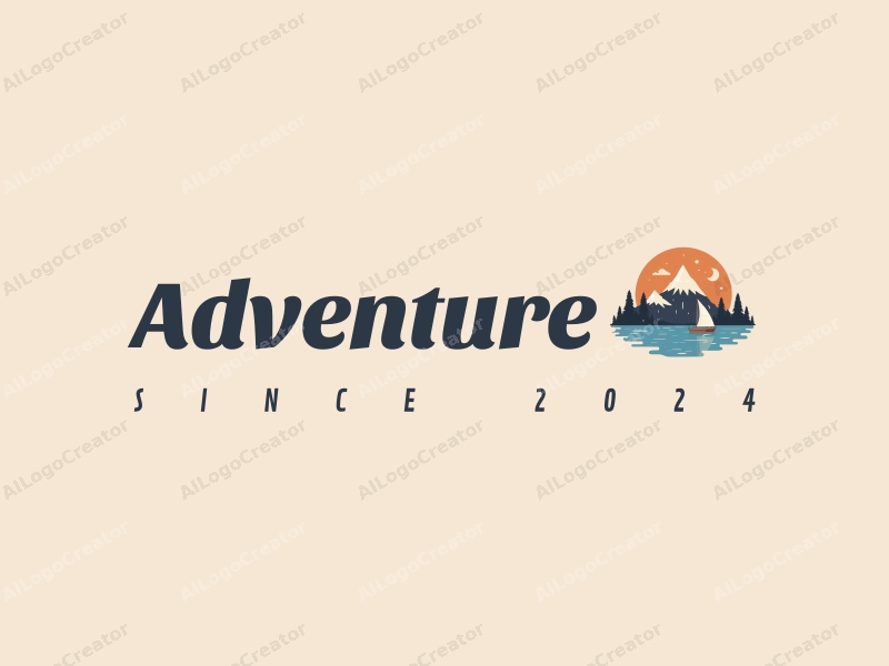 playful design features stylized mountains and sailing elements, combined with adventure and exploration themes, set against a clean background.