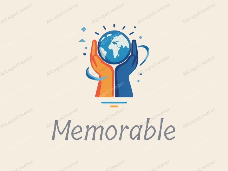 playful design features a stylized hand reaching towards a globe, incorporating blue and orange colors, with iconic and memorable elements combined with a clean background.