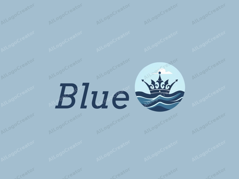 minimalist design features stylized ocean waves and a crown, combined with a clean blue background and a serene sky.