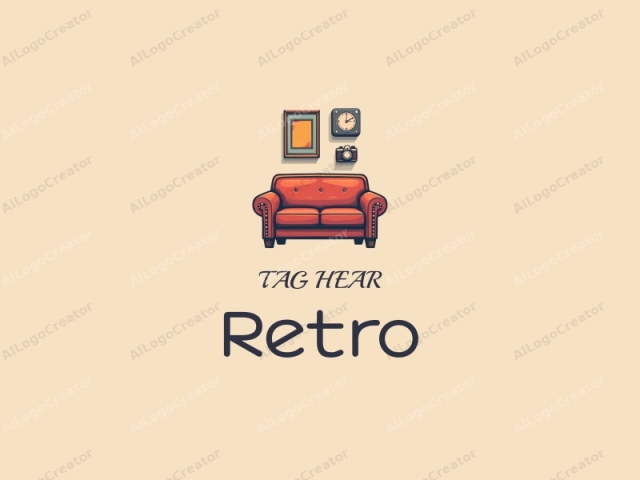 การออกแบบ vintage มีลักษณะของโซฟา retro และโปสเตอร์ retro รวมกับเครื่องเวลาและกล้อง retro ทั้งหมดตั้งอยู่บนพื้นหลังที่สะอาด