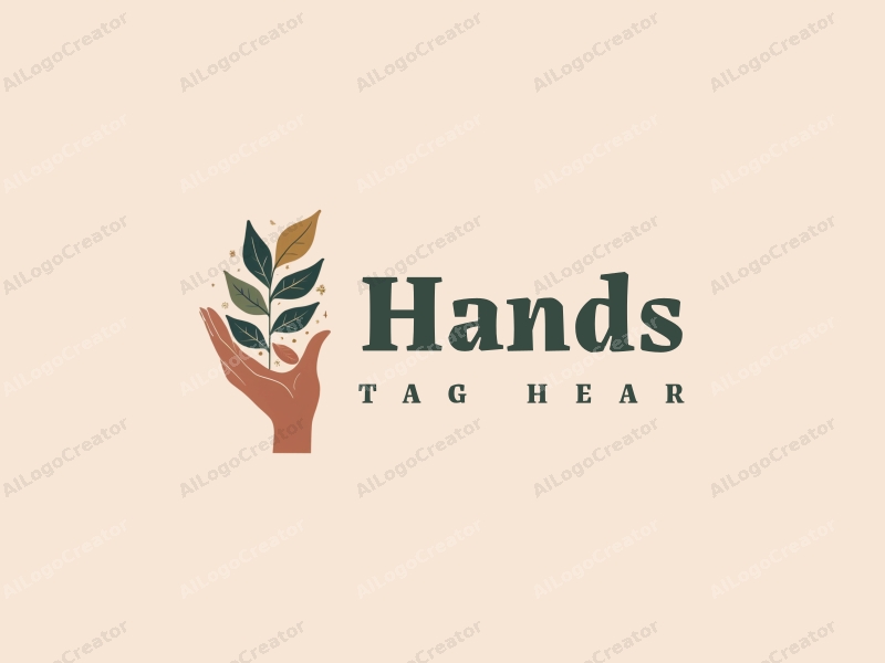 a modern design featuring a hand holding a plant intertwined with fabric elements, using skin tone colors, combined with a clean background.