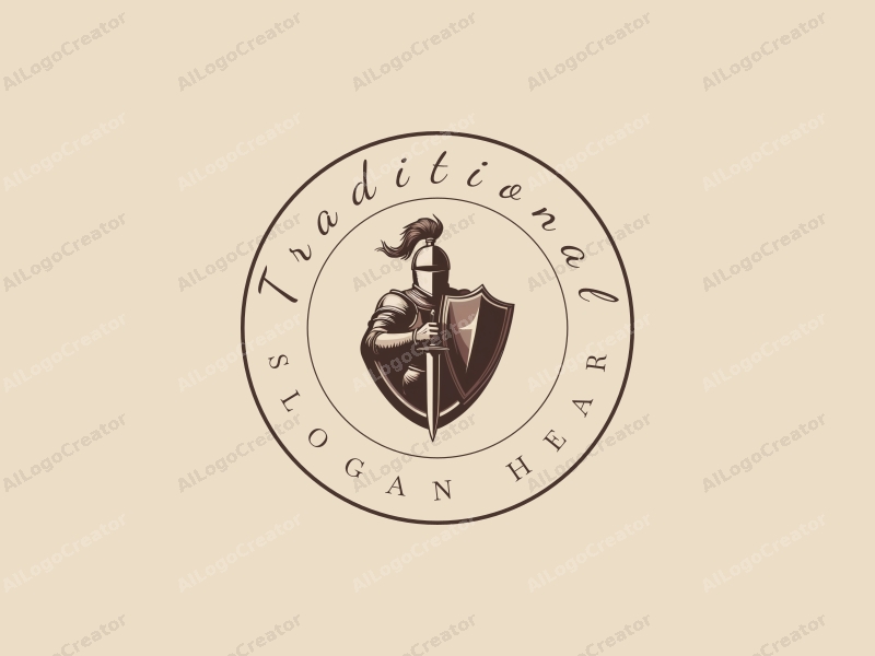 vintage design features a stylized knight and shield, incorporating traditional and classic elements with a clean background in brown and beige tones.