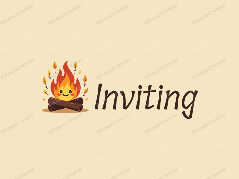 playful design features a stylized campfire with warm colors, a smiling face, and elements of invitation and welcome combined with a clean background.