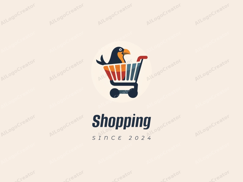 a modern design featuring a colorful shopping cart and a stylized bird head, combined with a clean background and a harmonious composition.