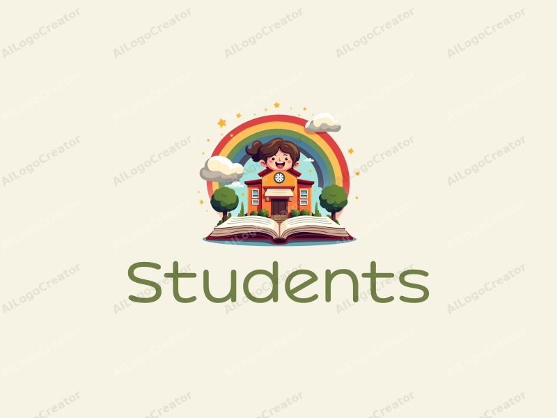 playful design features a cheerful student character, a stylized school building, an open book, and a vibrant rainbow, combined with a clean background.