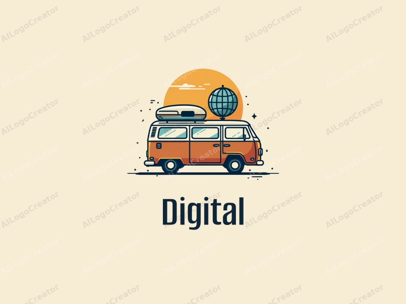 modern design features digital elements, a stylized camper van, and a globe, combined with a clean background.