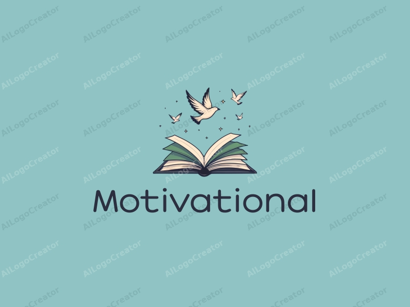 modern design features stylized books and birds in flight, symbolizing motivation and inspiration, combined with a clean background in blue and green tones.