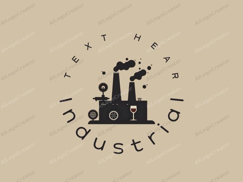 modern design features a stylized factory silhouette, abstract machinery elements, a paint splash, and a wine glass, combined with a clean background.