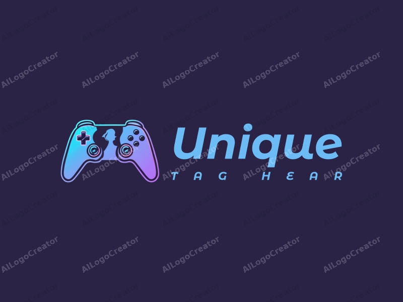 a modern and dynamic design featuring a stylized game controller intertwined with a silhouette of a girl, using blue and purple colors, creating a unique and innovative visual approach with a clean background.