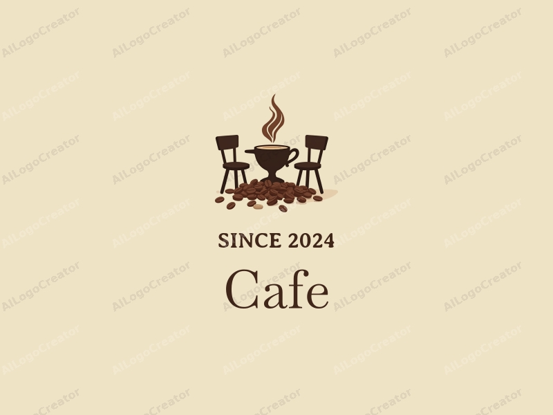 vintage design features a stylized coffee cup, retro tables and chairs, and coffee beans arranged harmoniously with a clean background.