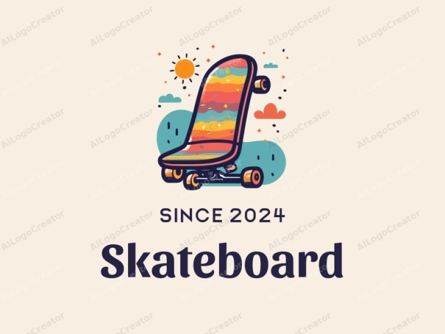 munteres Design mit einem stilisierten Skateboard in lebendigen Regenbogenfarben, kombiniert mit einem sauberen Hintergrund und einfachen Formen.