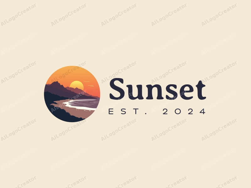 vintage design features a stylized sunset over a beach with mountains in the background, using a harmonious blend of orange and purple colors, combined with a clean and simple composition.