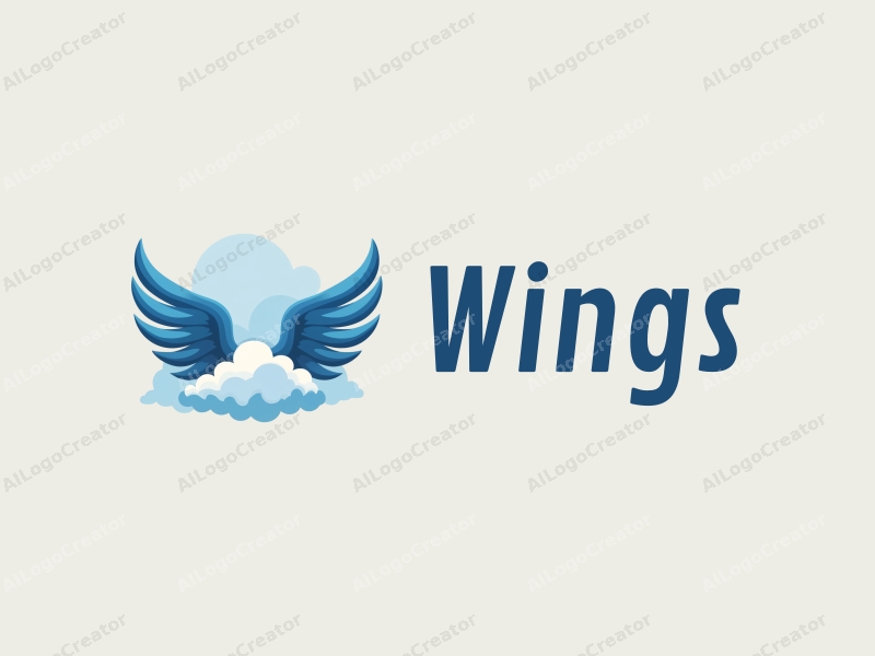 playful design features stylized wings soaring through fluffy clouds, with a vibrant blue color palette, creating a sense of freedom and creativity combined with a clean background.