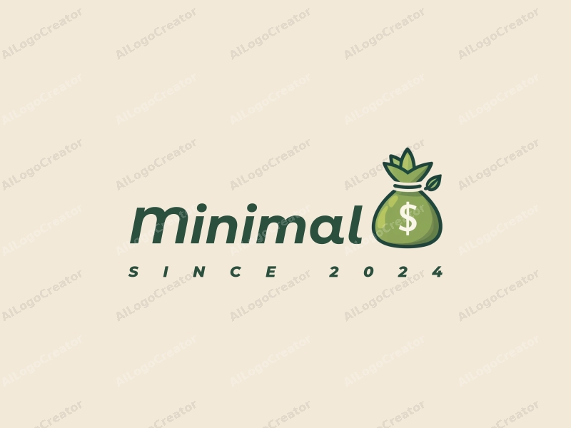 minimalist design features a stylized money bag intertwined with a plant, using a clean and simple composition with a focus on negative space and harmony.