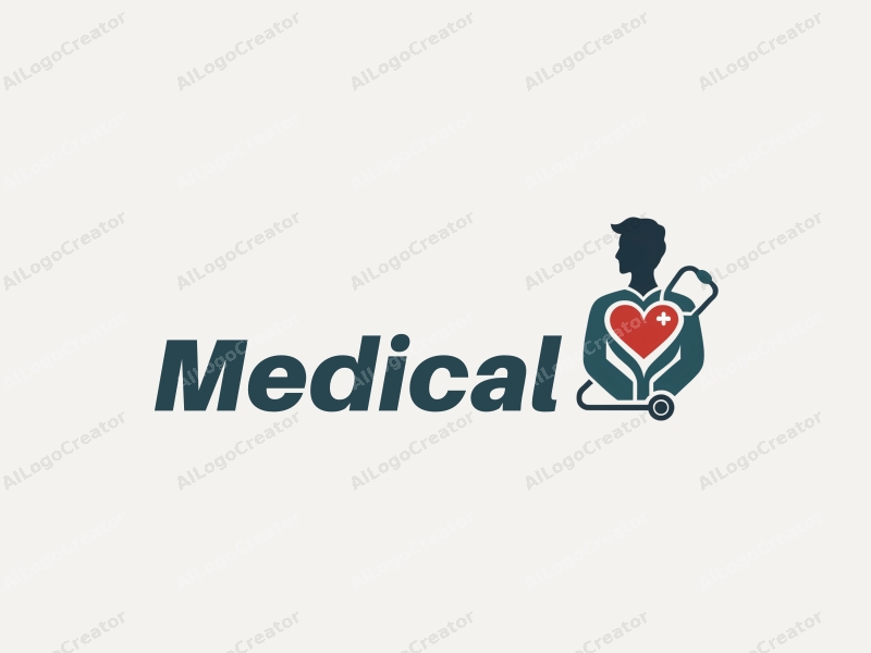 modern design features a stylized hospital silhouette, a doctor figure, a stethoscope intertwined with a heart, combined with a clean background.