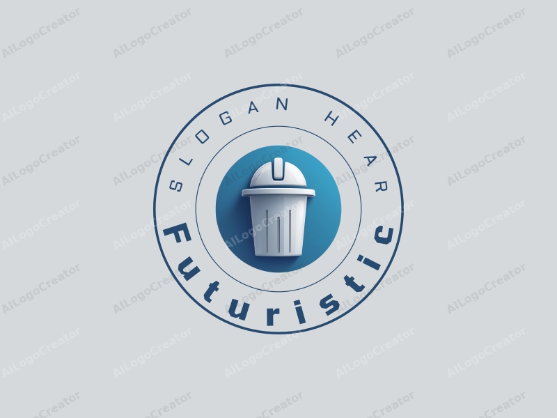 a modern minimalist design featuring a stylized hard hat and a sleek trash bin, incorporating futuristic and innovative elements with a clean background in silver and blue colors.