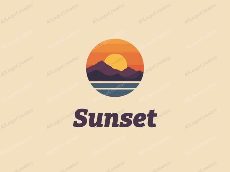 vintage design features a stylized sunset over the ocean with mountains in the background, incorporating warm orange and purple hues, combined with a clean and harmonious layout.