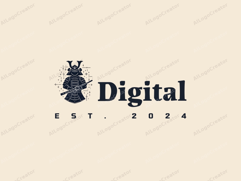 minimalist design features a stylized samurai silhouette integrated with digital elements, representing finance and technology, combined with a clean background.