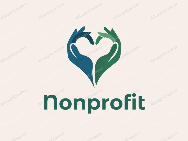 a modern minimalist design featuring a heart shape formed by hands, symbolizing charity and volunteer work, with a clean background in blue and green tones.